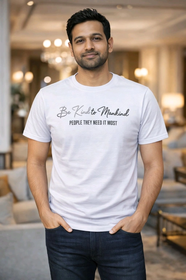 Men’s Printed Cotton T-Shirt | Be Kind to Mankind Design | Soft & Comfortable | White Colour | Size M | Casual Wear