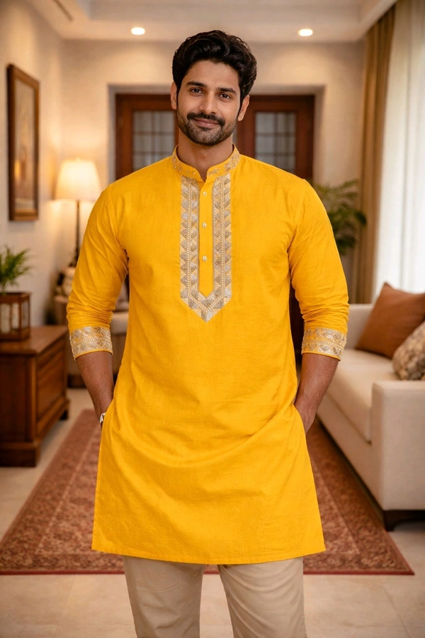 Men’s Cotton Embroidered Kurta | Mustard Yellow Ethnic Wear | Traditional Design | Full Sleeve | Size 42 | Length 42 | Only Kurta