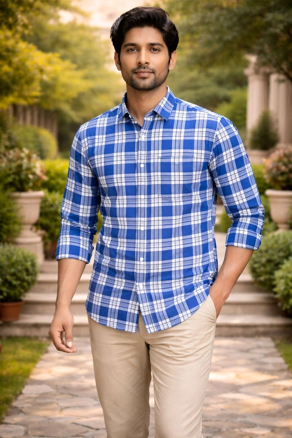 Men’s Cotton Check Shirt | Blue & White Casual Wear | Full Sleeve | Regular Fit | Size XXL