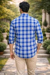 Men’s Cotton Check Shirt | Blue & White Casual Wear | Full Sleeve | Regular Fit | Size XXL