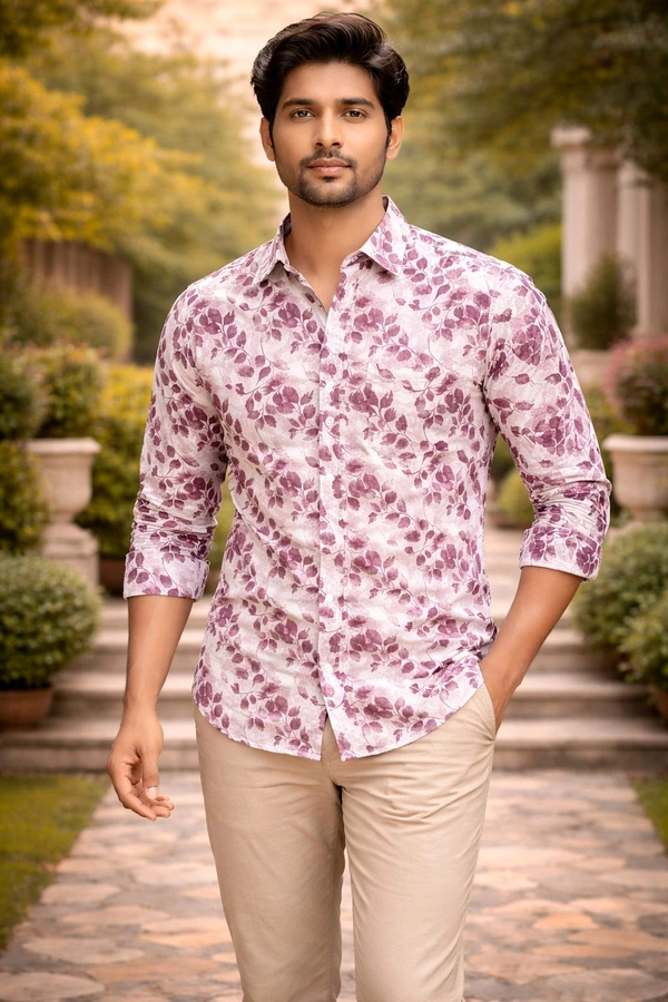 Men’s Cotton Floral Print Shirt | White & Mauve Casual Wear | Full Sleeve | Regular Fit | Size L