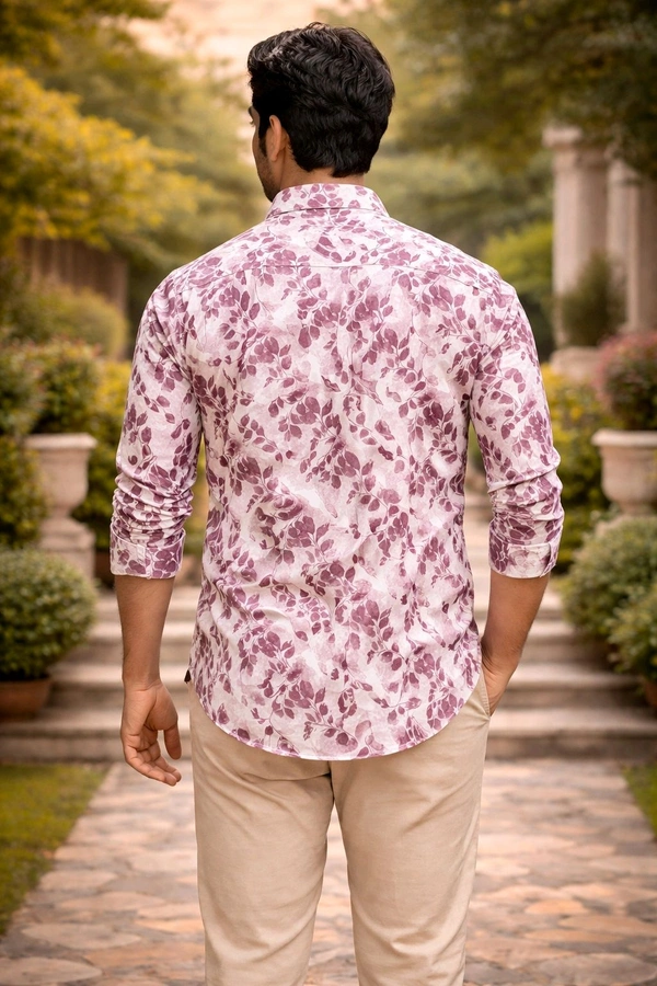 Men’s Cotton Floral Print Shirt | White & Mauve Casual Wear | Full Sleeve | Regular Fit | Size L