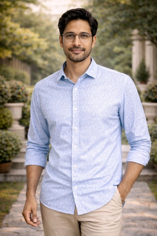 Men’s Cotton Printed Shirt | Light Blue Casual Wear | Soft & Smooth Finish | Full Sleeve | Regular Fit | Size L