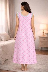 Women’s Cotton Nighty | Pink Printed Sleepwear | Soft & Breathable | Sleeveless | Free Size |Back Tie-Up