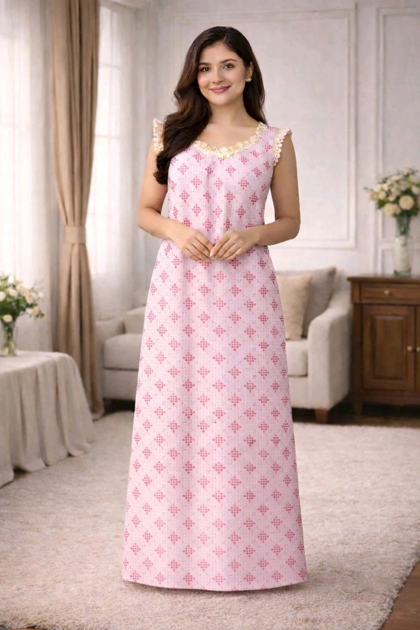 Women’s Cotton Nighty | Red Printed Sleepwear | Soft & Comfortable | Sleeveless | Free Size | Back Tie-Up