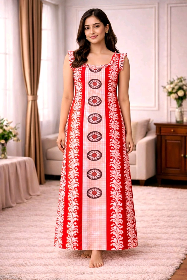 Women’s Cotton Nighty | Red Printed Sleepwear |Back Tie-Up| Sleeveless | Free Size | Relaxed Fit