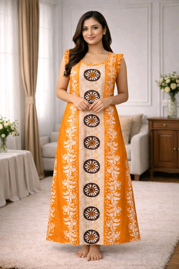 Women’s Cotton Nighty | Orange Printed Sleepwear | Back Tie-Up Design | Soft & Comfortable | Sleeveless | Free Size
