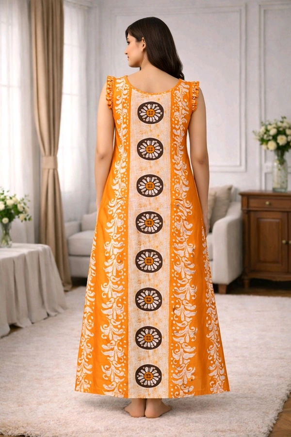 Women’s Cotton Nighty | Orange Printed Sleepwear | Back Tie-Up Design | Soft & Comfortable | Sleeveless | Free Size