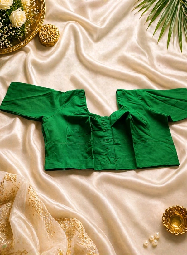 Jewel Green Cotton Blouse (Size 36) with Front Hook & Glass Sleeves – Round Neck Design