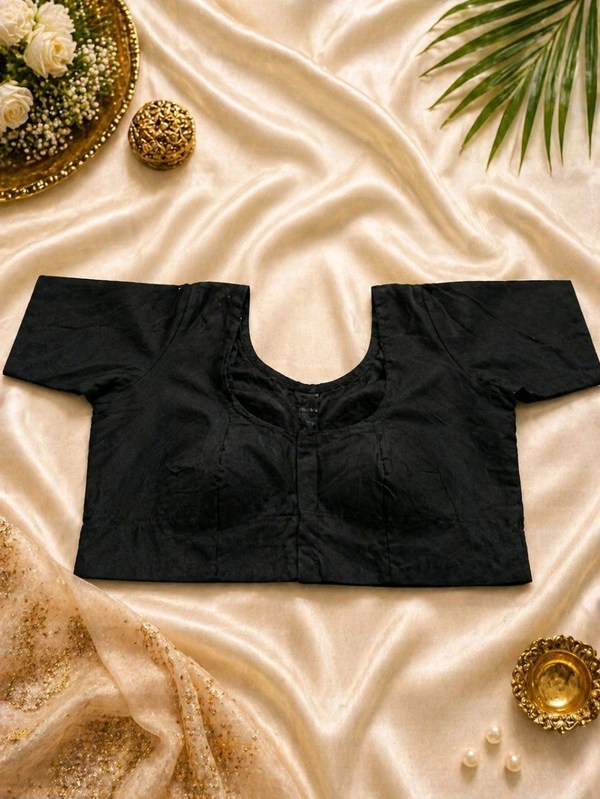 Black Cotton Blouse (Size 36) with Front Hook & Glass Sleeves – Classic Round Neck Design