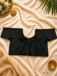 Black Cotton Blouse (Size 36) with Front Hook & Glass Sleeves – Classic Round Neck Design - Black