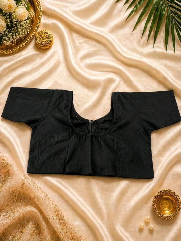 Black Cotton Blouse (Size 36) with Front Hook & Glass Sleeves – Classic Round Neck Design - Black