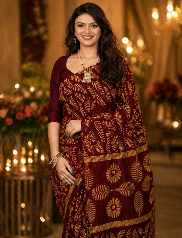 Wine Berry Pure Cotton Saree with Elegant Golden Motif Design