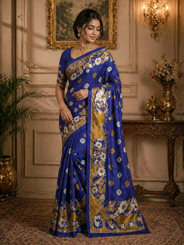 Royal Blue Pure Cotton Saree with Mustard Floral Border 5.5 Meter