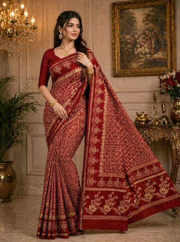 Deep Maroon Pure Cotton Saree with Golden Traditional Work (5.5 Meter)