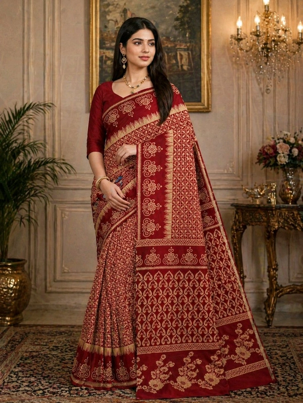 Buy 1 Get 1 Free Printed Saree for Women | Maroon Red & Mustard Yellow Saree Combo