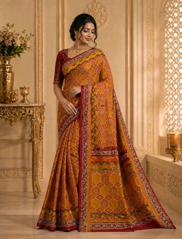 Buy 1 Get 1 Free Printed Saree for Women | Maroon Red & Mustard Yellow Saree Combo