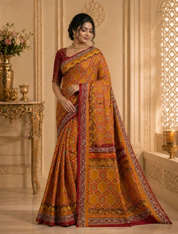 Mustard Yellow Pure Cotton Saree with Maroon Border and Geometric Pattern (5.5 Meter)