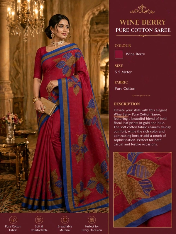 Wine Red Pure Cotton Saree with Blue Border and Golden Leaf Design (5.5 Meter)