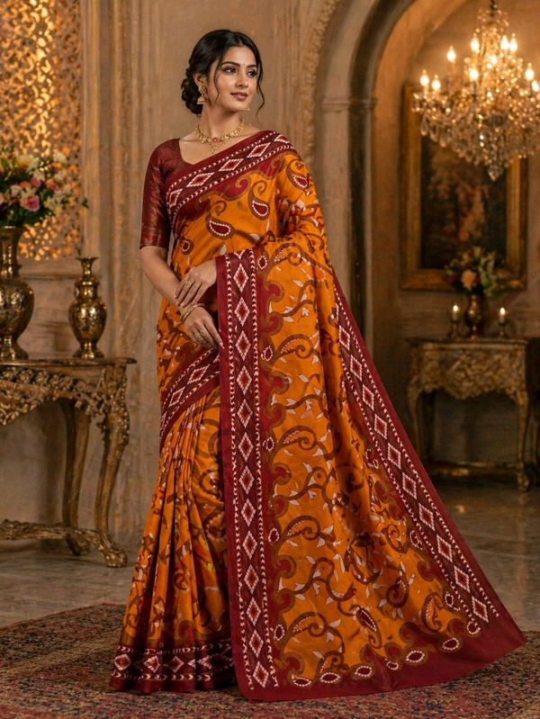 Mustard Orange Pure Cotton Saree with Maroon Paisley Print Size 5.5 Meter