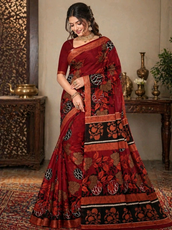 Premium Maroon Wine Pure Cotton Printed Saree (5.5 Meter)