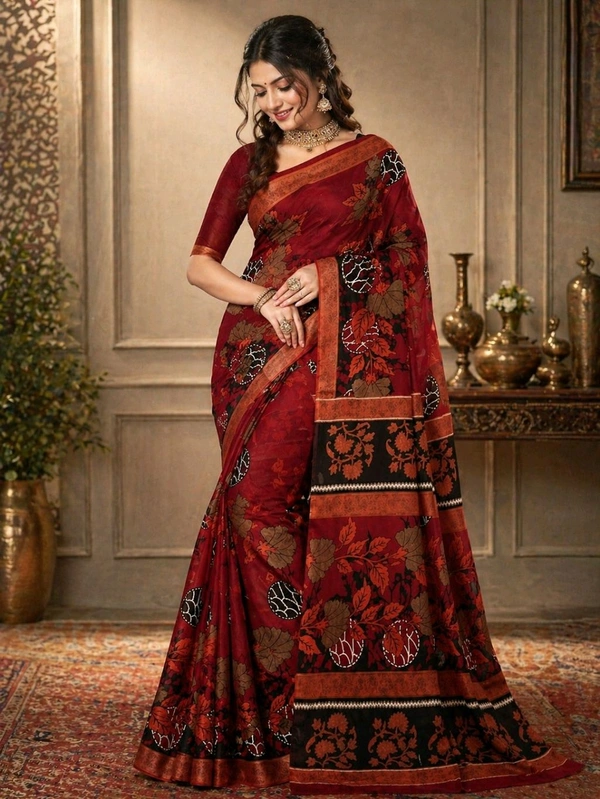 Buy 1 Get 1 Free Floral Printed Saree for Women | Maroon Red & Royal Blue Saree Combo (5.5 Meter)
