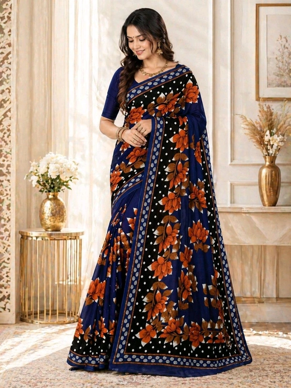 Premium Navy Blue Floral Printed Pure Cotton Saree (5.5 Meter)