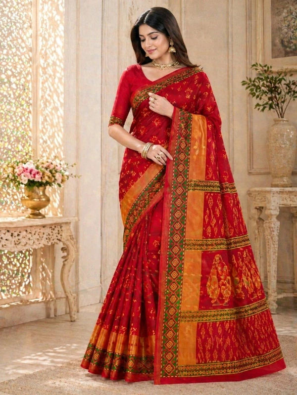 Premium Bright Red Traditional Printed Pure Cotton Saree (5.5 Meter)
