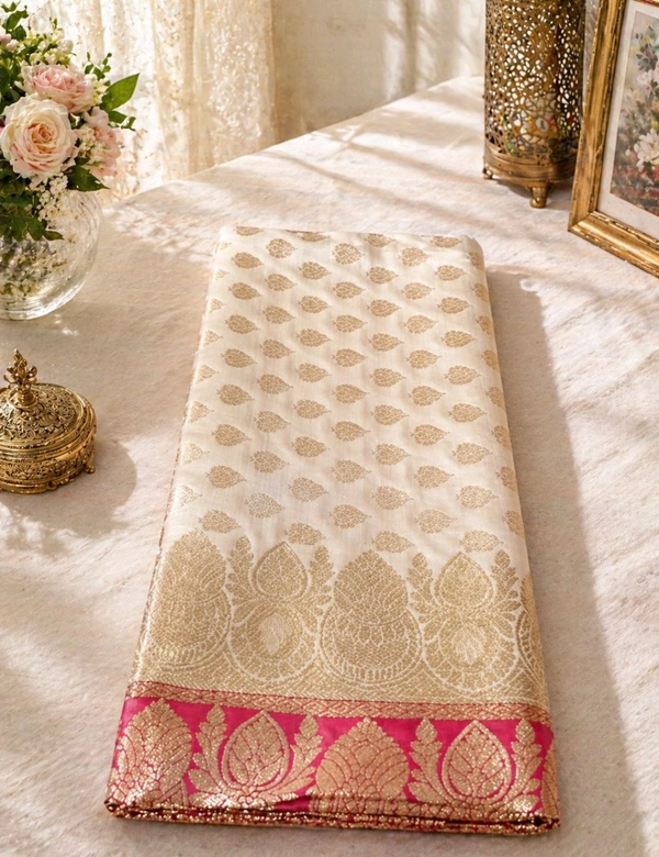 Premium Rani Pink & Off White Katan Banarasi Saree with Contrast Pallu and Blouse Piece