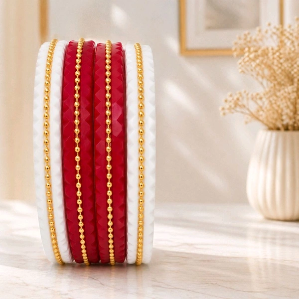 Elegant Sakha Pola Set (2 Pairs) – Classic Red & White Traditional Bangles | Size 2.6