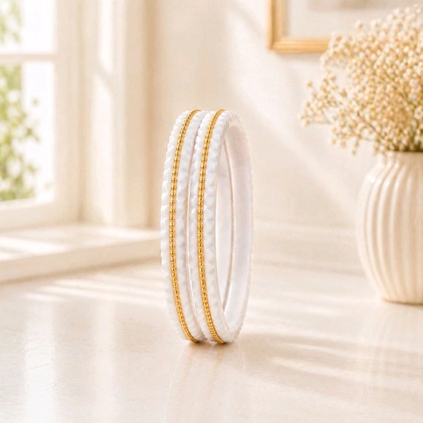 Premium White Sakha Style Bangles with Gold Detailing (Set) – Elegant Traditional Wear | Size 2.6