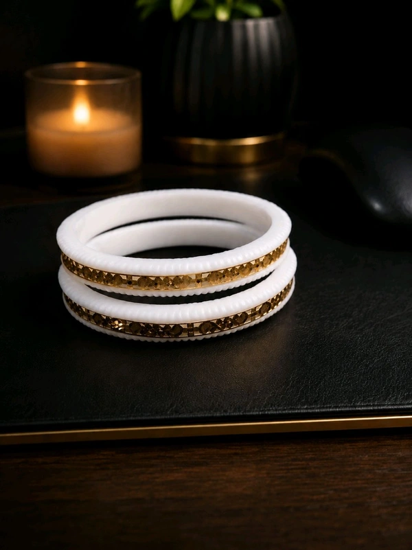 Elegant White & Golden Stone Bangles Set for Women (Size 2.8)