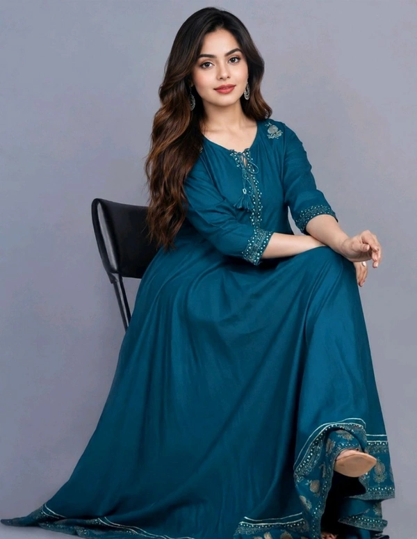 Stylish Women’s Embroidered Anarkali Kurti | Soft Rayon Fabric | Full Length Ethnic Wear (Teal Blue) Size L