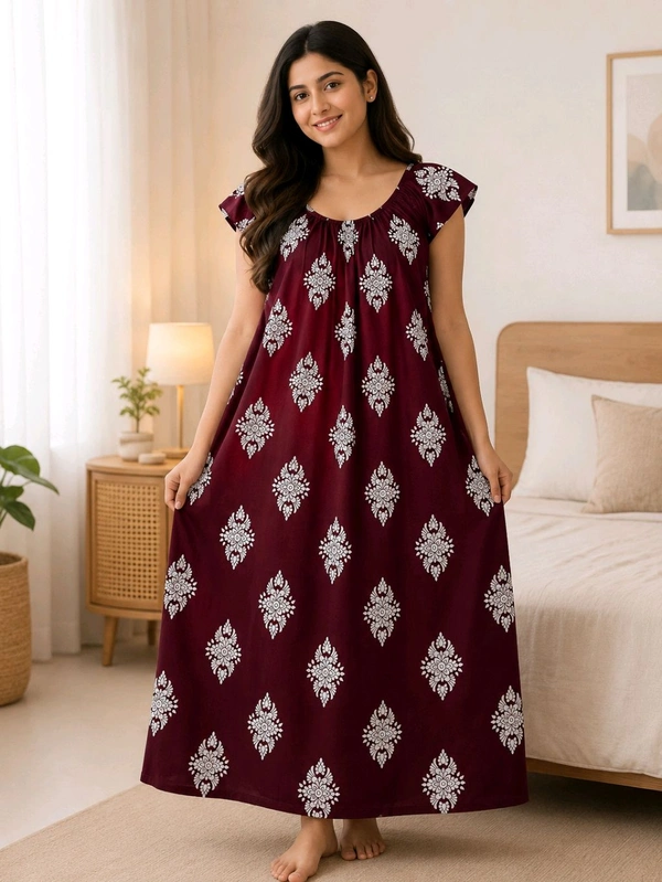 Women’s Maroon Oak Cotton Rubber Print Nighty | Free Size Comfortable Daily Wear - Maroon Oak