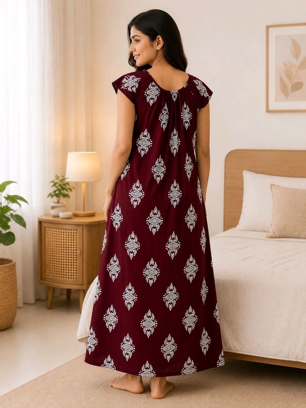 Women’s Maroon Oak Cotton Rubber Print Nighty | Free Size Comfortable Daily Wear - Maroon Oak