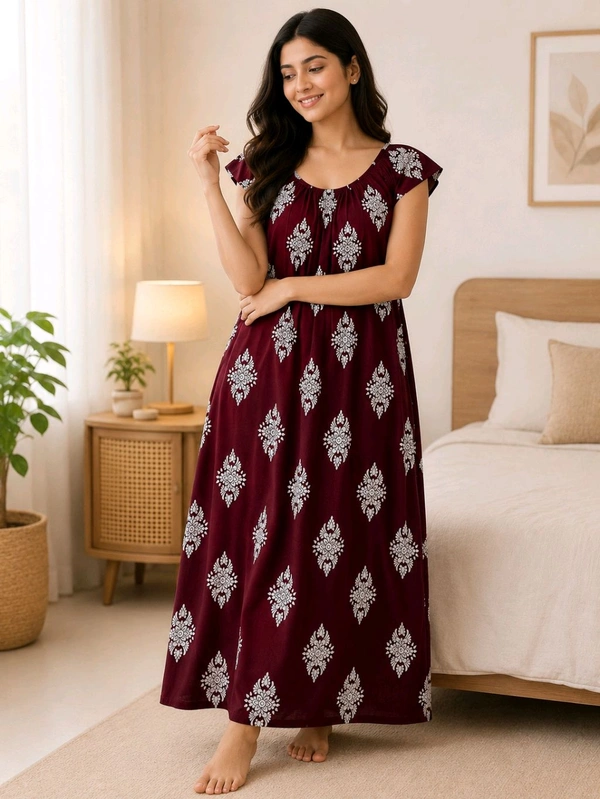 Women’s Maroon Oak Cotton Rubber Print Nighty | Free Size Comfortable Daily Wear - Maroon Oak