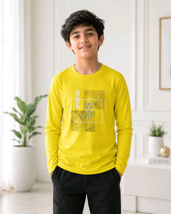 Boys Yellow Full Sleeve Graphic Printed Cotton T-Shirt – Size 32