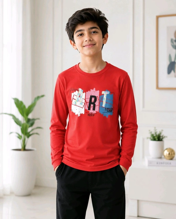 Boys Red Full Sleeve Graphic Printed Cotton T-Shirt – Size 30