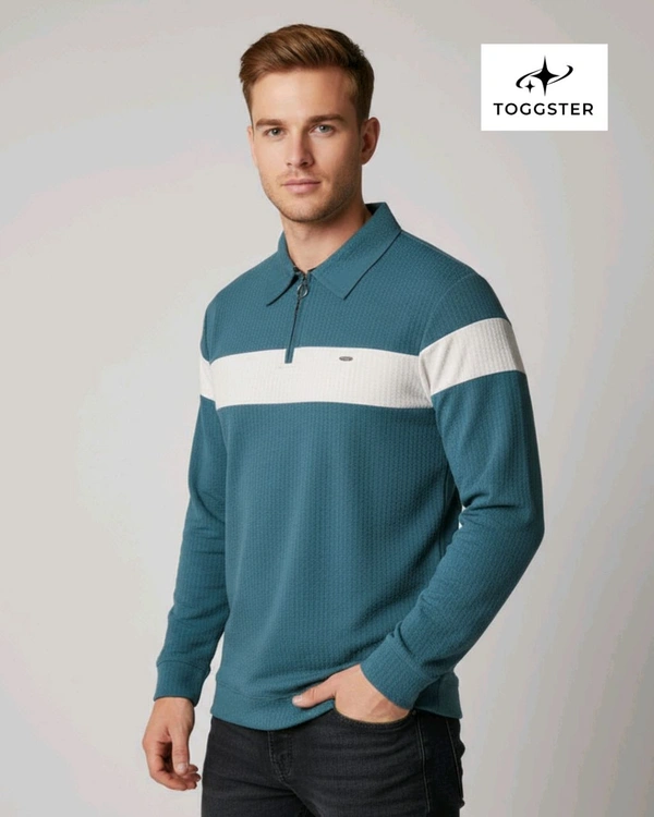 Men's Full Sleeve Zipper T Shirt - Teal, L