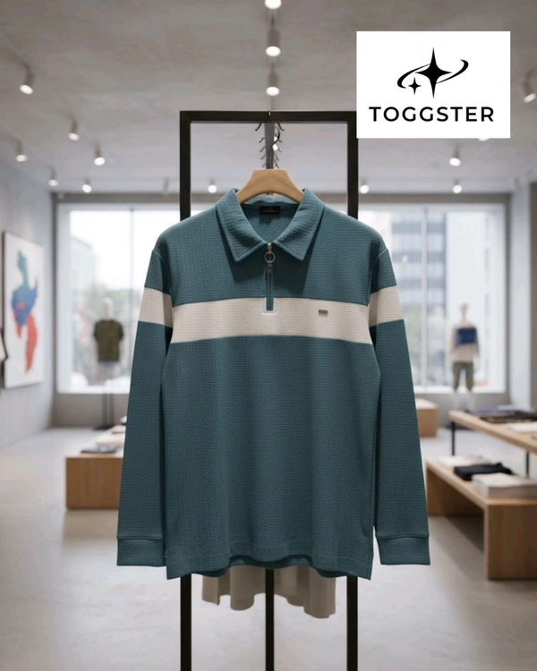 Men's Full Sleeve Zipper T Shirt - Teal, L