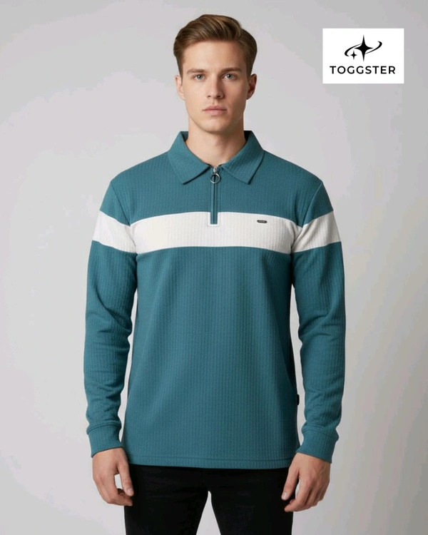 Men's Full Sleeve Zipper T Shirt - Teal, L