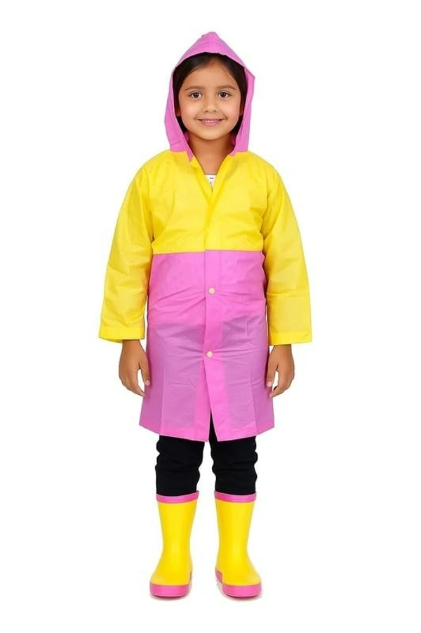 Kids PVC Raincoat with School Bag Cover for Boys & Girls | Lightweight Hooded Long Rainwear with Pockets (Random color) - M, 1