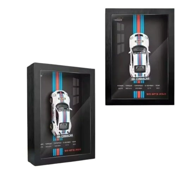 3D Car Frame Wall Art Wooden Hanging Painting Frame with Removable Die-Cast Cars, Lights & Sounds Pull-Back Action & Opening Doors Collectible Display for Car Decoration (1:32 Porsche 911 GT3 RSR)