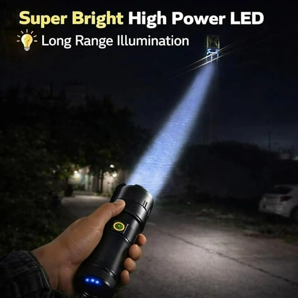 Rechargeable High Power LED Torch Light | Super Bright Zoom Flashlight with 18650 Battery, 4 Modes, USB Charging