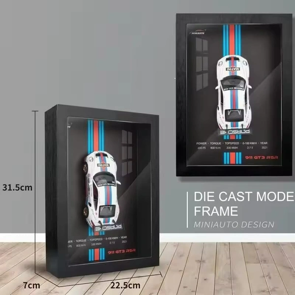 3D Car Frame Wall Art Wooden Hanging Painting Frame with Removable Die-Cast Cars, Lights & Sounds Pull-Back Action & Opening Doors Collectible Display for Car Decoration (1:32 Porsche 911 GT3 RSR)