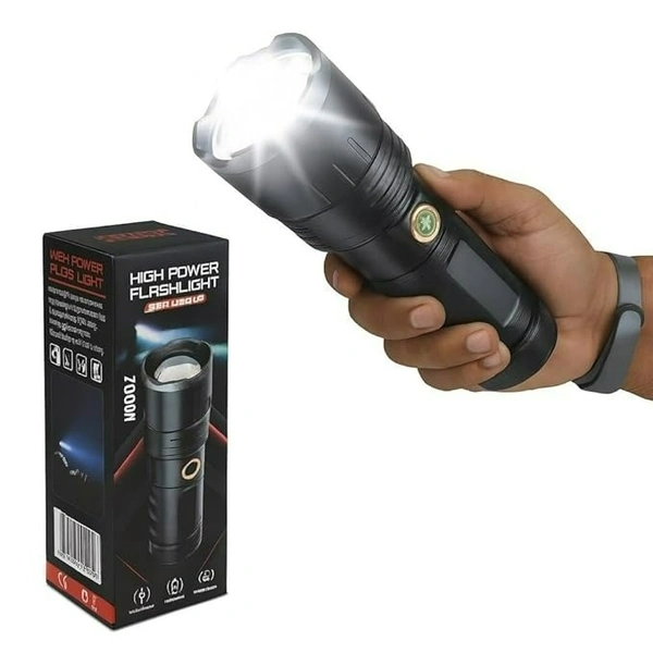 Rechargeable High Power LED Torch Light | Super Bright Zoom Flashlight with 18650 Battery, 4 Modes, USB Charging