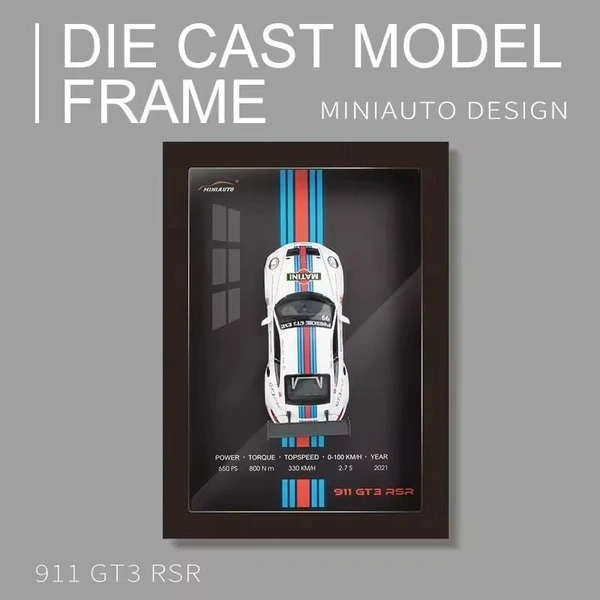 3D Car Frame Wall Art Wooden Hanging Painting Frame with Removable Die-Cast Cars, Lights & Sounds Pull-Back Action & Opening Doors Collectible Display for Car Decoration (1:32 Porsche 911 GT3 RSR)