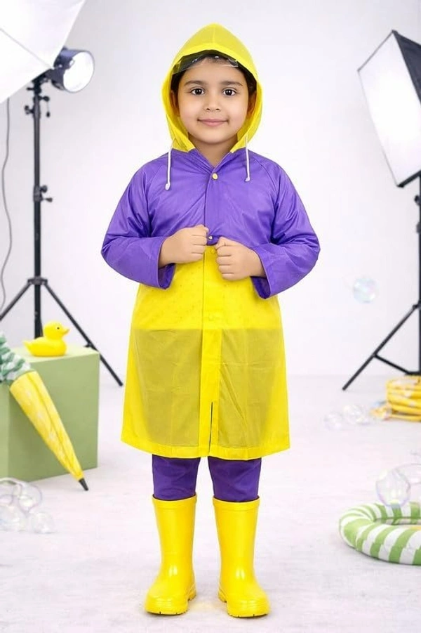 Kids PVC Raincoat with School Bag Cover for Boys & Girls | Lightweight Hooded Long Rainwear with Pockets (Random color) - M, 1