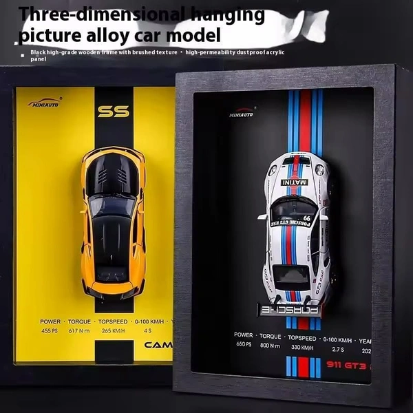 3D Car Frame Wall Art Wooden Hanging Painting Frame with Removable Die-Cast Cars, Lights & Sounds Pull-Back Action & Opening Doors Collectible Display for Car Decoration (1:32 Porsche 911 GT3 RSR)