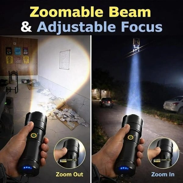 Rechargeable High Power LED Torch Light | Super Bright Zoom Flashlight with 18650 Battery, 4 Modes, USB Charging